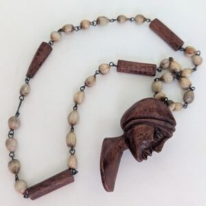 VTG Hand Carved Wood & Job's Tears Seed Pod Bead Pendant Necklace ft. Woman Face
